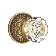 Load image into Gallery viewer, ASTORIA GLASS (AS) PRIVACY (BED/BATH) KNOB WITH 2-3/8" BACKSET AND 1/4" ROUND FACEPLATE AND STRIKEPLATE