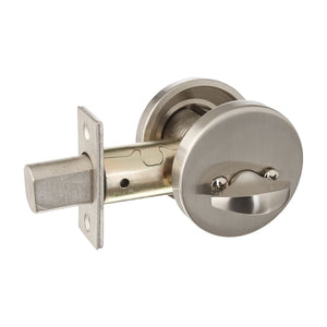 MODERN DEADBOLT WITH 2-3/8" BACKSET AND 1/4" ROUND FACEPLATE AND STRIKEPLATE