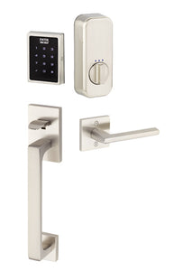 EMPOWERED MOTORIZED TOUCHSCREEN KEYPAD ENTRY SET BADEN GRIP (EMP0103) SATIN NICKEL (US15) W/ 2-3/8" BACKSET AND 1/4" ROUND FACEPLATE AND STRIKEPLATE W/ INTERIOR KNOB