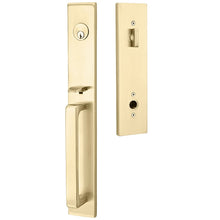 Load image into Gallery viewer, LAUSANNE SATIN BRASS (US4) HANDLESET SINGLE-CYLINDER [4819] W/ 2-3/8&quot; BACKSET AND 1/4&quot; ROUND FACEPLATE AND STRIKEPLATE W/ INTERIOR KNOB
