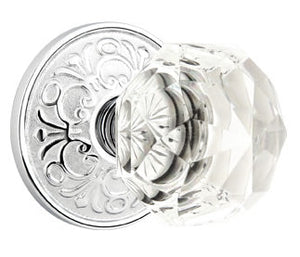 DIAMOND GLASS (CK) PASSAGE (HALL/CLOSET) KNOB WITH 2-3/8" BACKSET AND 1/4" ROUND FACEPLATE AND STRIKEPLATE