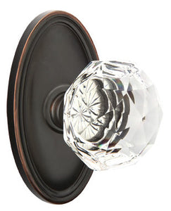 DIAMOND GLASS (CK) PRIVACY (BED/BATH) KNOB WITH 2-3/8" BACKSET AND 1/4" ROUND FACEPLATE AND STRIKEPLATE