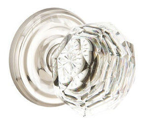 DIAMOND GLASS (CK) PASSAGE (HALL/CLOSET) KNOB WITH 2-3/8" BACKSET AND 1/4" ROUND FACEPLATE AND STRIKEPLATE