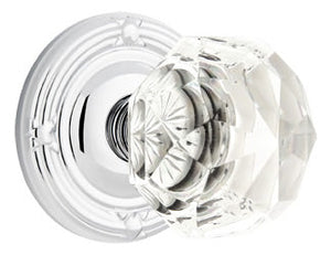 DIAMOND GLASS (CK) PASSAGE (HALL/CLOSET) KNOB WITH 2-3/8" BACKSET AND 1/4" ROUND FACEPLATE AND STRIKEPLATE