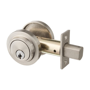MODERN DEADBOLT WITH 2-3/8" BACKSET AND 1/4" ROUND FACEPLATE AND STRIKEPLATE