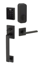 Load image into Gallery viewer, EMPOWERED MOTORIZED TOUCHSCREEN KEYPAD ENTRY SET BADEN GRIP (EMP0103) FLAT BLACK (US19) W/ 2-3/8&quot; BACKSET AND 1/4&quot; ROUND FACEPLATE AND STRIKEPLATE W/ INTERIOR LEVER
