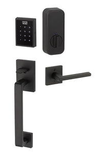 EMPOWERED MOTORIZED TOUCHSCREEN KEYPAD ENTRY SET BADEN GRIP (EMP0103) FLAT BLACK (US19) W/ 2-3/8" BACKSET AND 1/4" ROUND FACEPLATE AND STRIKEPLATE W/ INTERIOR LEVER