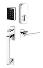 Load image into Gallery viewer, EMPOWERED MOTORIZED TOUCHSCREEN KEYPAD ENTRY SET BADEN GRIP (EMP0103) POLISHED CHROME (US26) W/ 2-3/8&quot; BACKSET AND 1/4&quot; ROUND FACEPLATE AND STRIKEPLATE W/ INTERIOR LEVER
