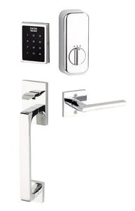 EMPOWERED MOTORIZED TOUCHSCREEN KEYPAD ENTRY SET BADEN GRIP (EMP0103) POLISHED CHROME (US26) W/ 2-3/8" BACKSET AND 1/4" ROUND FACEPLATE AND STRIKEPLATE W/ INTERIOR LEVER
