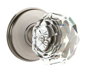 DIAMOND GLASS (CK) PRIVACY (BED/BATH) KNOB WITH 2-3/8" BACKSET AND 1/4" ROUND FACEPLATE AND STRIKEPLATE