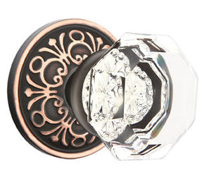 OLD TOWN GLASS (OT) PRIVACY (BED/BATH) KNOB WITH 2-3/8" BACKSET AND 1/4" ROUND FACEPLATE AND STRIKEPLATE