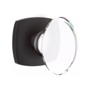 HAMPTON GLASS (HT) PRIVACY (BED/BATH) KNOB WITH 2-3/8" BACKSET AND 1/4" ROUND FACEPLATE AND STRIKEPLATE WITH MODERN ROSETTE