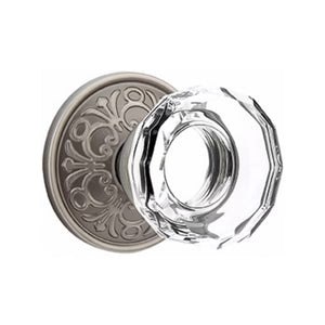 LOWELL GLASS (LW) PRIVACY (BED/BATH) KNOB WITH 2-3/8" BACKSET AND 1/4" ROUND FACEPLATE AND STRIKEPLATE