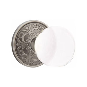 BRISTOL GLASS (BL) PRIVACY (BED/ BATH) KNOB WITH 2-3/8" BACKSET AND 1/4" ROUND FACEPLATE AND STRIKEPLATE WITH TRADITIONAL ROSETTE