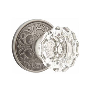 ASTORIA GLASS (AS) PRIVACY (BED/BATH) KNOB WITH 2-3/8" BACKSET AND 1/4" ROUND FACEPLATE AND STRIKEPLATE