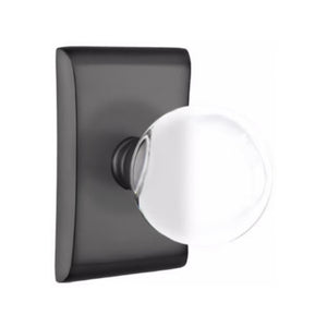 BRISTOL GLASS (BL) PASSAGE (HALL/CLOSET) KNOB WITH 2-3/8" BACKSET AND 1/4" ROUND FACEPLATE AND STRIKEPLATE WITH MODERN ROSETTE