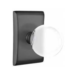 BRISTOL GLASS (BL) PRIVACY (BED/BATH) KNOB WITH 2-3/8" BACKSET AND 1/4" ROUND FACEPLATE AND STRIKEPLATE WITH MODERN ROSETTE