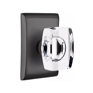 WINDSOR GLASS (WS) PRIVACY (BED/BATH) KNOB WITH 2-3/8" BACKSET AND 1/4" ROUND FACEPLATE AND STRIKEPLATE WITH MODERN ROSETTE