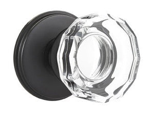 LOWELL GLASS (LW) PRIVACY (BED/BATH) KNOB WITH 2-3/8" BACKSET AND 1/4" ROUND FACEPLATE AND STRIKEPLATE
